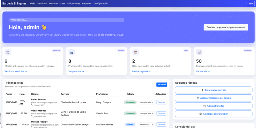 Panel administrativo para gestionar agenda y clientes
